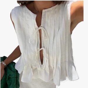 Linen Bow Tie Front Tank Top Women Coquette Pleated Peplum Blouse size S